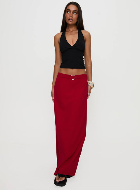   front view of model wearing Princess Polly Devoted Maxi Skirt Red Maxi 
