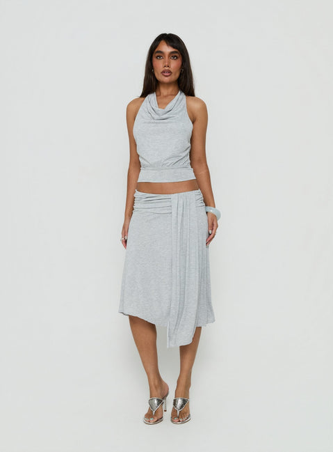 Showcasing the Iselda Draped Midi Skirt Grey Marle in womens-skirts with wrap detail and relaxed fit front view of model wearing Princess Polly
