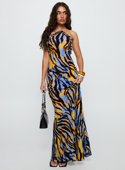 front view of model wearing Princess Polly Virginia Beach Backless Maxi Dress Blue Zebra High Neck 