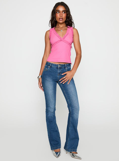 front view of model wearing Princess Polly Danyia Frill Top Pink Sleeveless V-Neck 