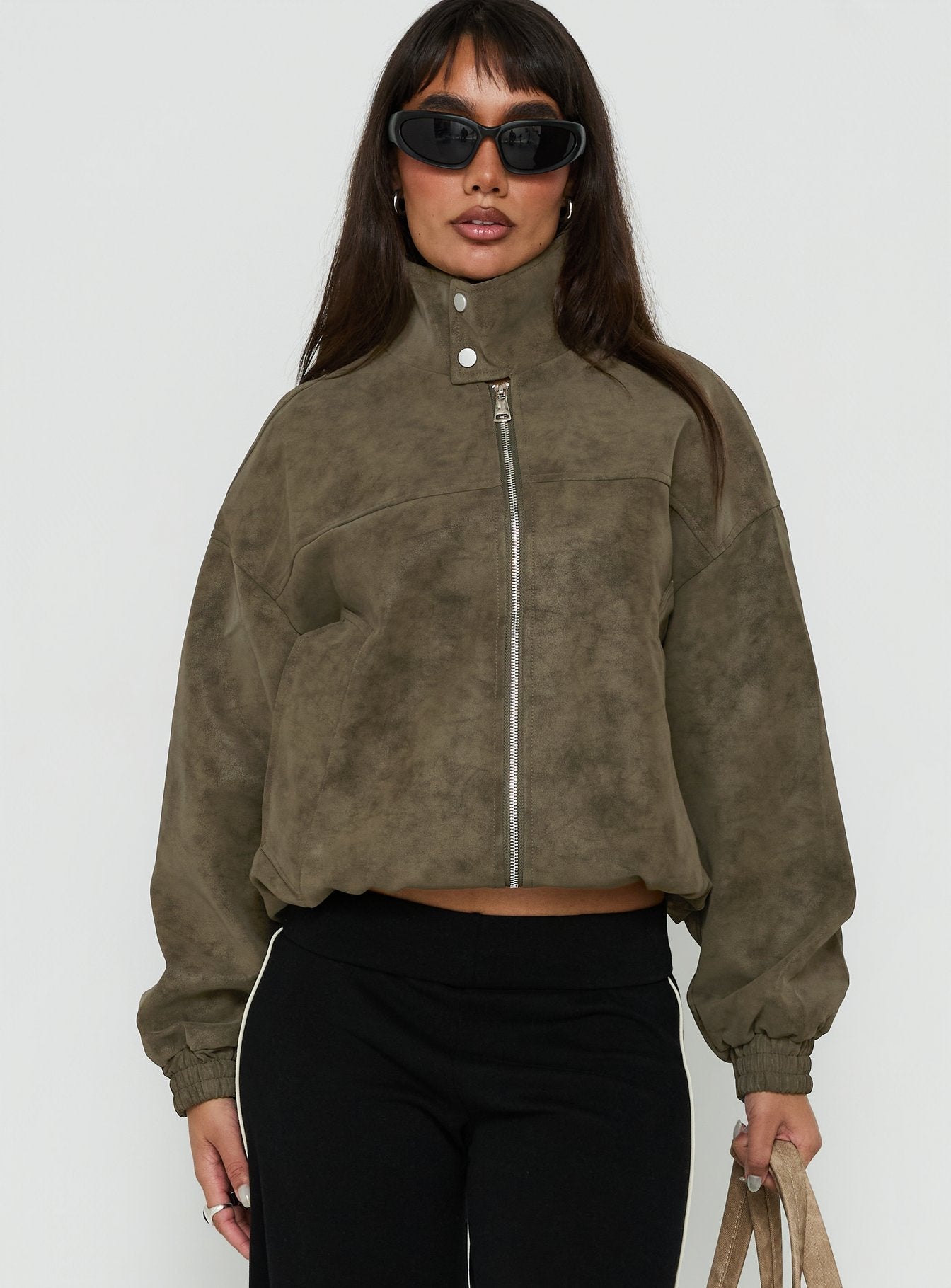 Ellissa Faux Suede Bomber Jacket Khaki