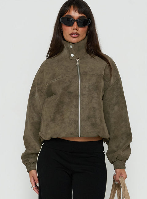 Ellissa Faux Suede Bomber Jacket Khaki