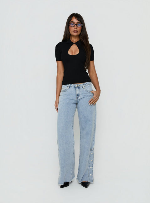 Dakoba Button Detail Mid Rise Straight Leg Jean Light Blue Wash