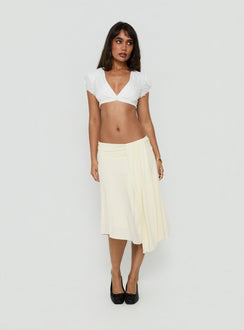 Crafted from cornsilk fabric, the Iselda Draped Midi Skirt Cream in womens-skirts features asymmetry Princess Polly
