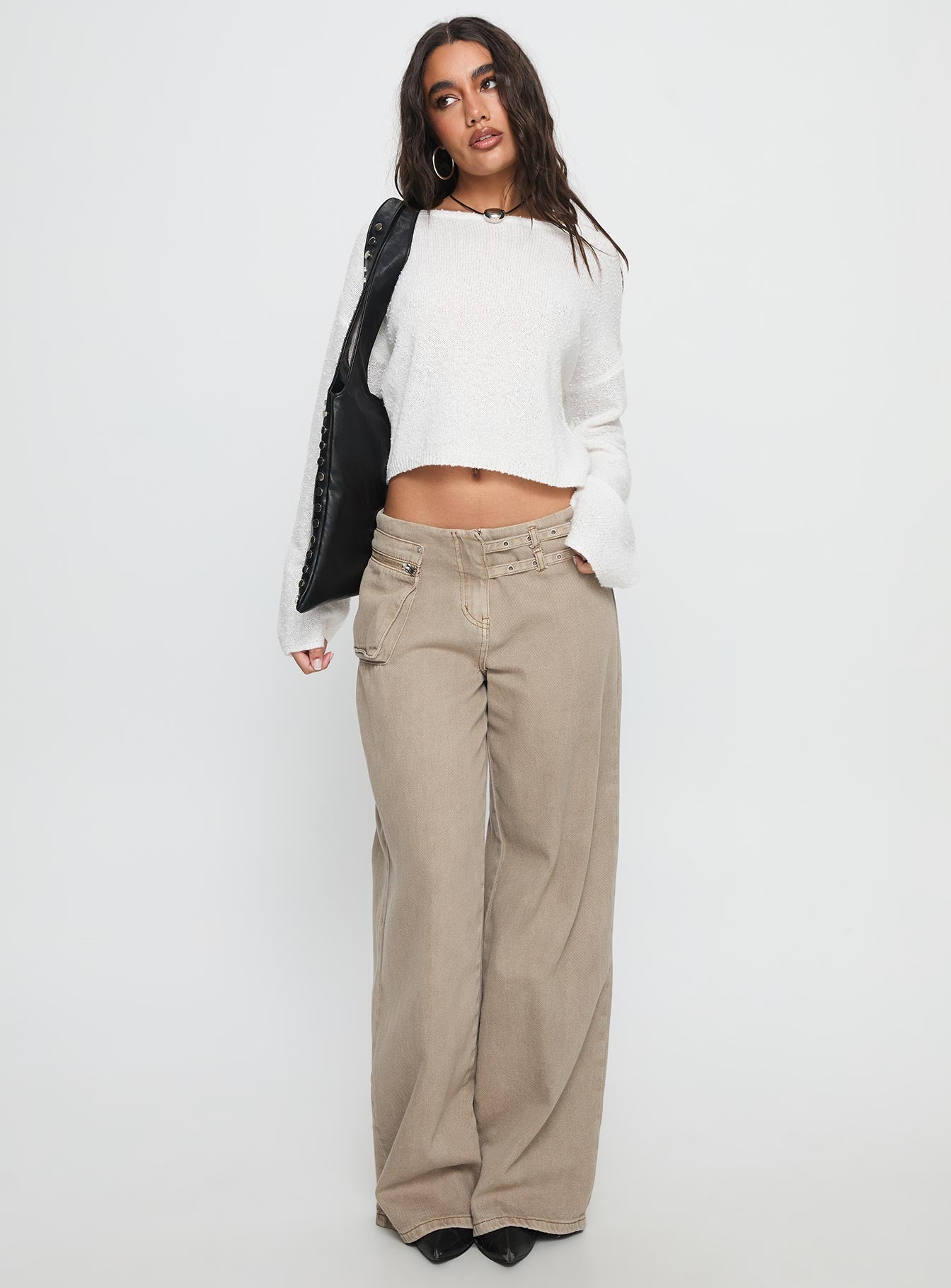 front view of model wearing Princess Polly Riala Off Shoulder Knit Sweater White cropped Jumpers 