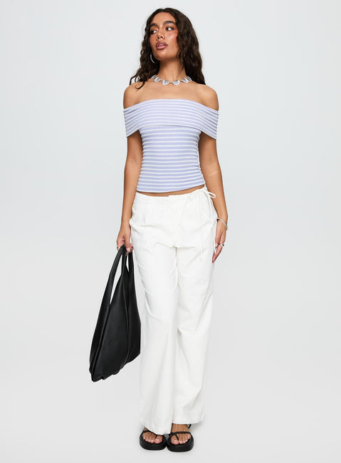 front view of model wearing Princess Polly Ausha Off Shoulder Top Lilac Stripe Short Sleeves straight 