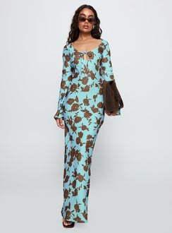 front view of model wearing Princess Polly Elorie Long Sleeve Maxi Dress Blue / Brown Scoop Neck 