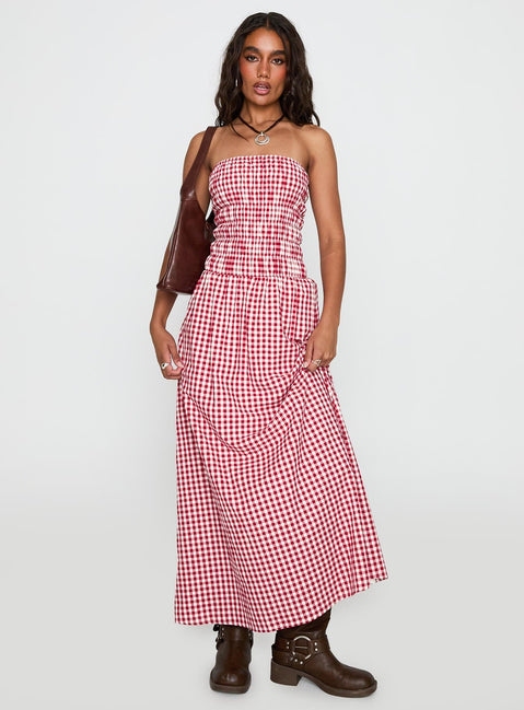 Human Nature Strapless Maxi Dress Red Check