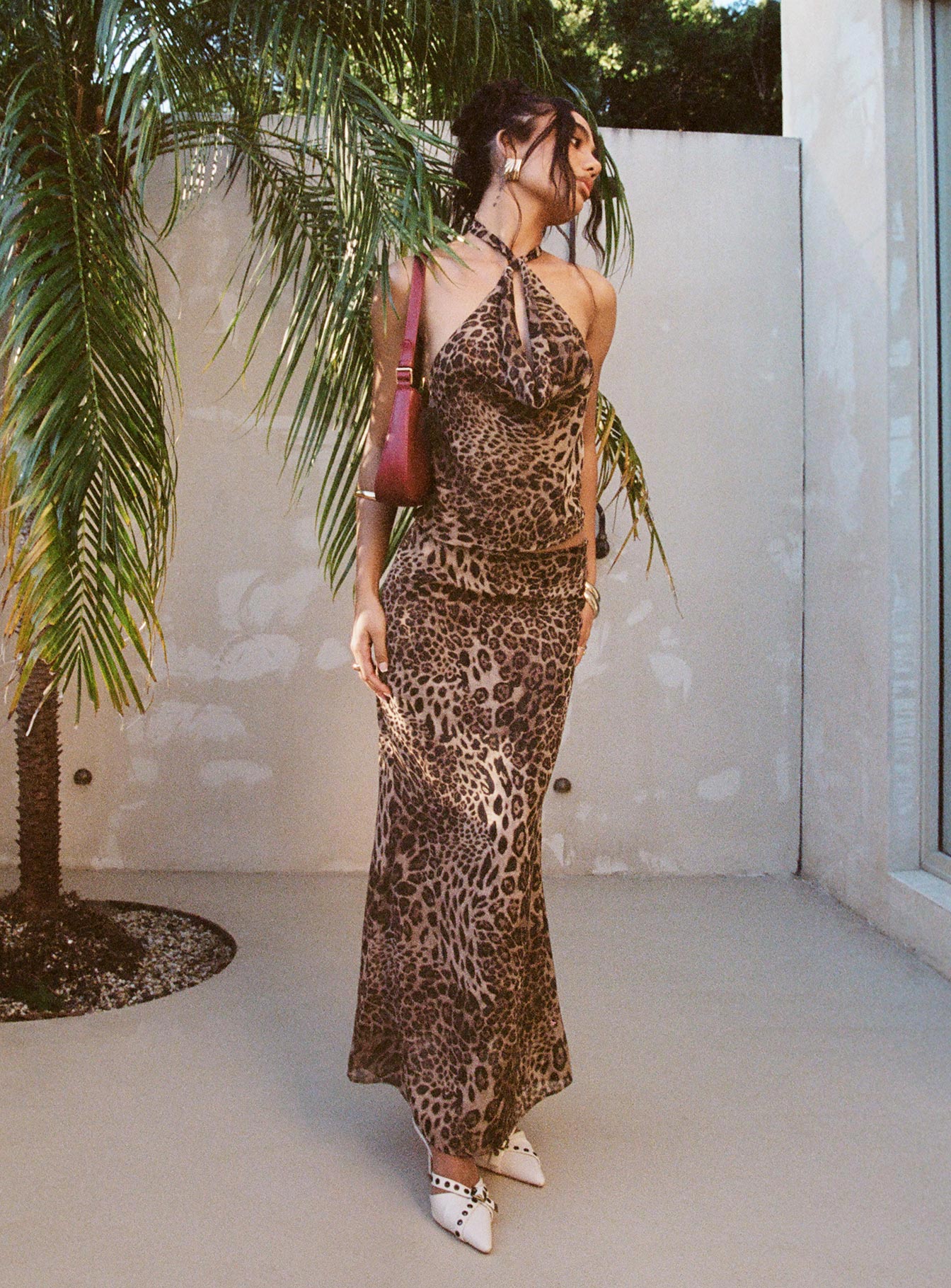   front view of model wearing Princess Polly Eleganza Maxi Skirt Leopard Maxi 