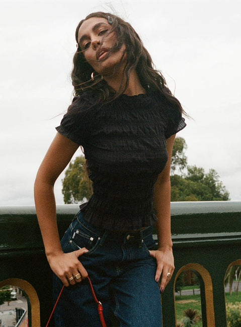 Romelle Shirred Top Black / Brown Plaid Petite