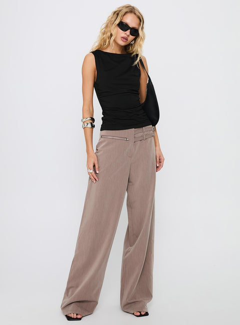 front view of model wearing Princess Polly Rinah Belted Cargo Pants Brown High Waisted Pants 