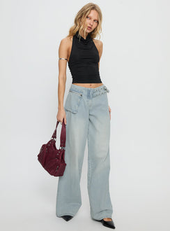 front view of model wearing Princess Polly Paltrow Mid Rise Wide Leg Cargo Jeans Faded Blue Wash Mid Rise Jeans 
