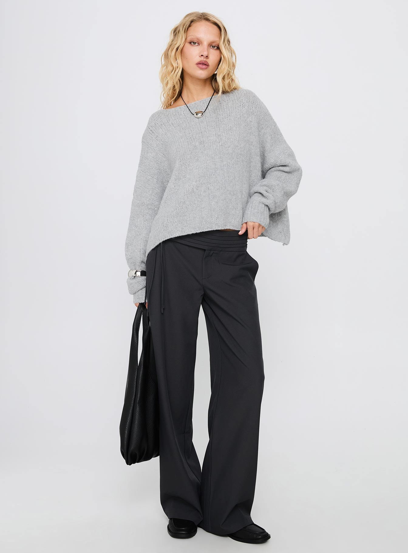 Ramy Wide Neck Knit Sweater Grey