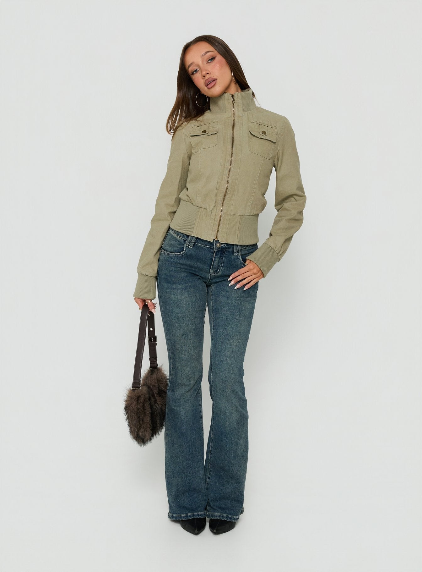 Marykate Funnel Neck Fitted Jacket Khaki