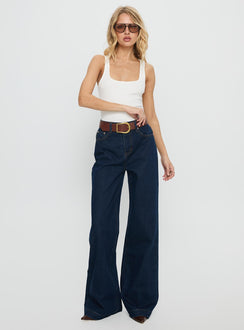 front view of model wearing Princess Polly Goldie High Rise Wide Leg Jeans Indigo High Rise Jeans 