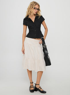   side view of model wearing Princess Polly Cascades Low Rise Midi Skirt Beige / White Stripe Midi Skirts 