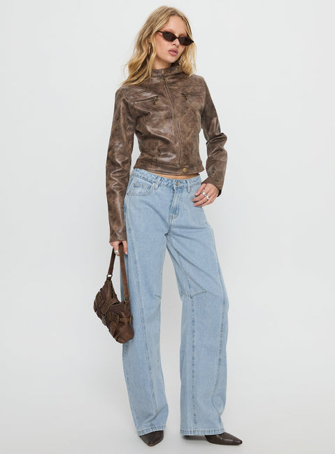 side view of model wearing Princess Polly Lost Track Mid Rise Barrel Leg Jeans Ice Wash Mid Rise Jeans 