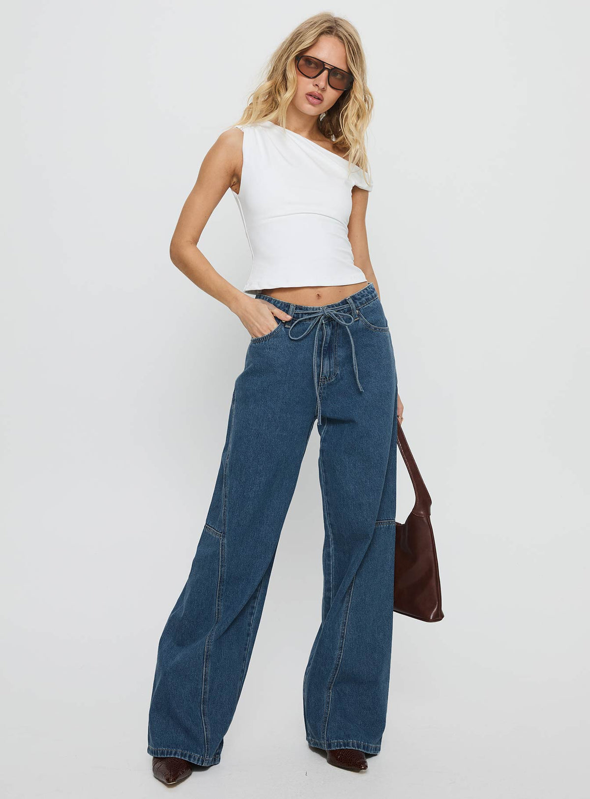 Bruiser Tie Waist Mid Rise Wide Leg Jeans Mid Blue Wash Mid Rise Jeans Jeans 