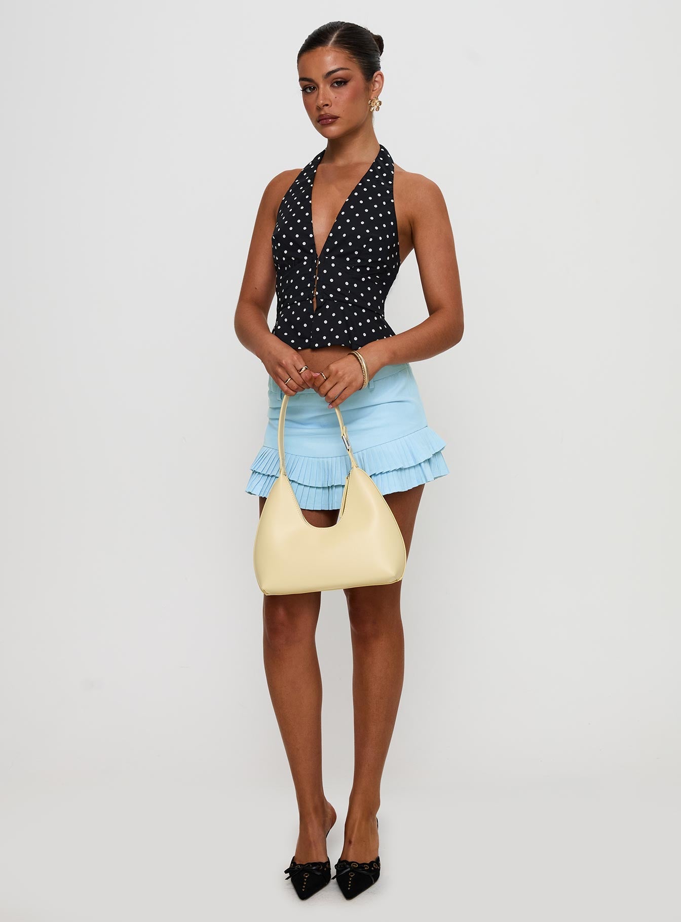 front view of model wearing Princess Polly Pleasing Top Polka Dot Sleeveless Plunger 