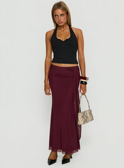   side view of model wearing Princess Polly Caviar Tie Maxi Skirt Currant Maxi Skirts 