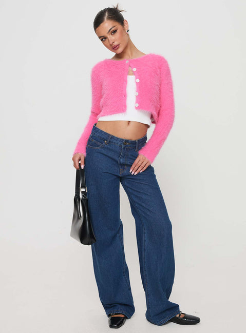 side view of model wearing Princess Polly Just A Girl Cardigan Pink cropped 