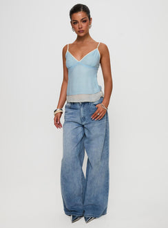 side view of model wearing Princess Polly Majorie Layered Top Blue / Cream Sleeveless V-Neck 