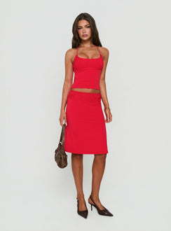 Zenaide Lace Detail Midi Skirt Red