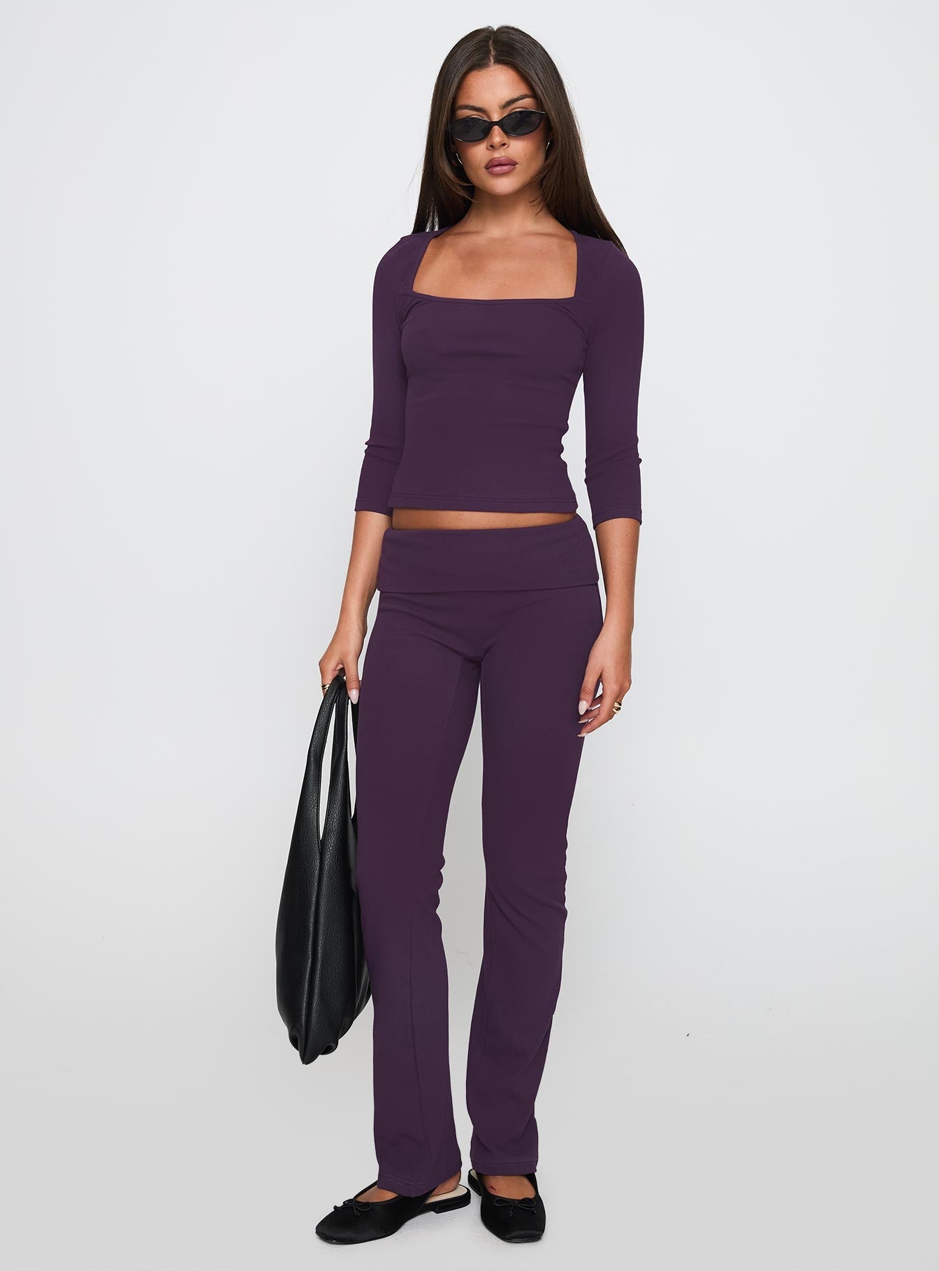side view of model wearing Princess Polly Truth Be Told Straight Leg Pant Purple Low Rise Pants 