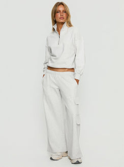 front view of model wearing Princess Polly Rozanna Cargo Sweat Pants Grey Marle Mid Rise Pants 