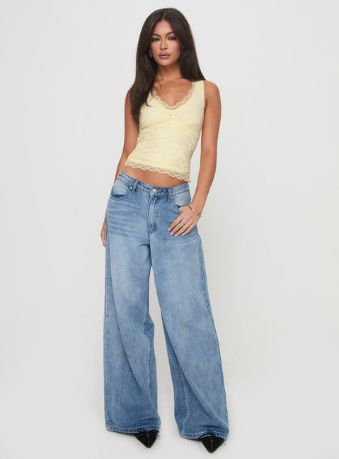 back view of model wearing Princess Polly Far Away Top Yellow Sleeveless Plunger 