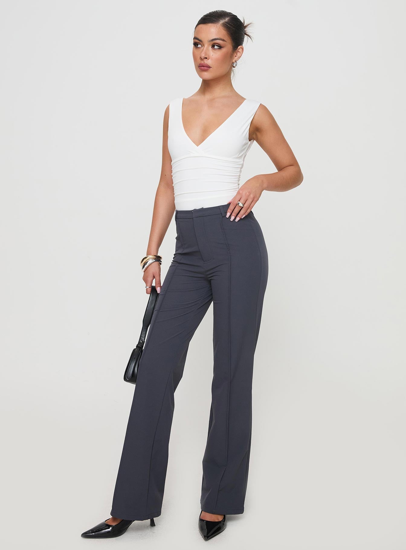 front view of model wearing Princess Polly Klaude Bodysuit White Sleeveless Plunger 