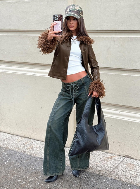 front view of model wearing Princess Polly San Mateo Tie Up Jeans Vintage Wash Low Rise Jeans 