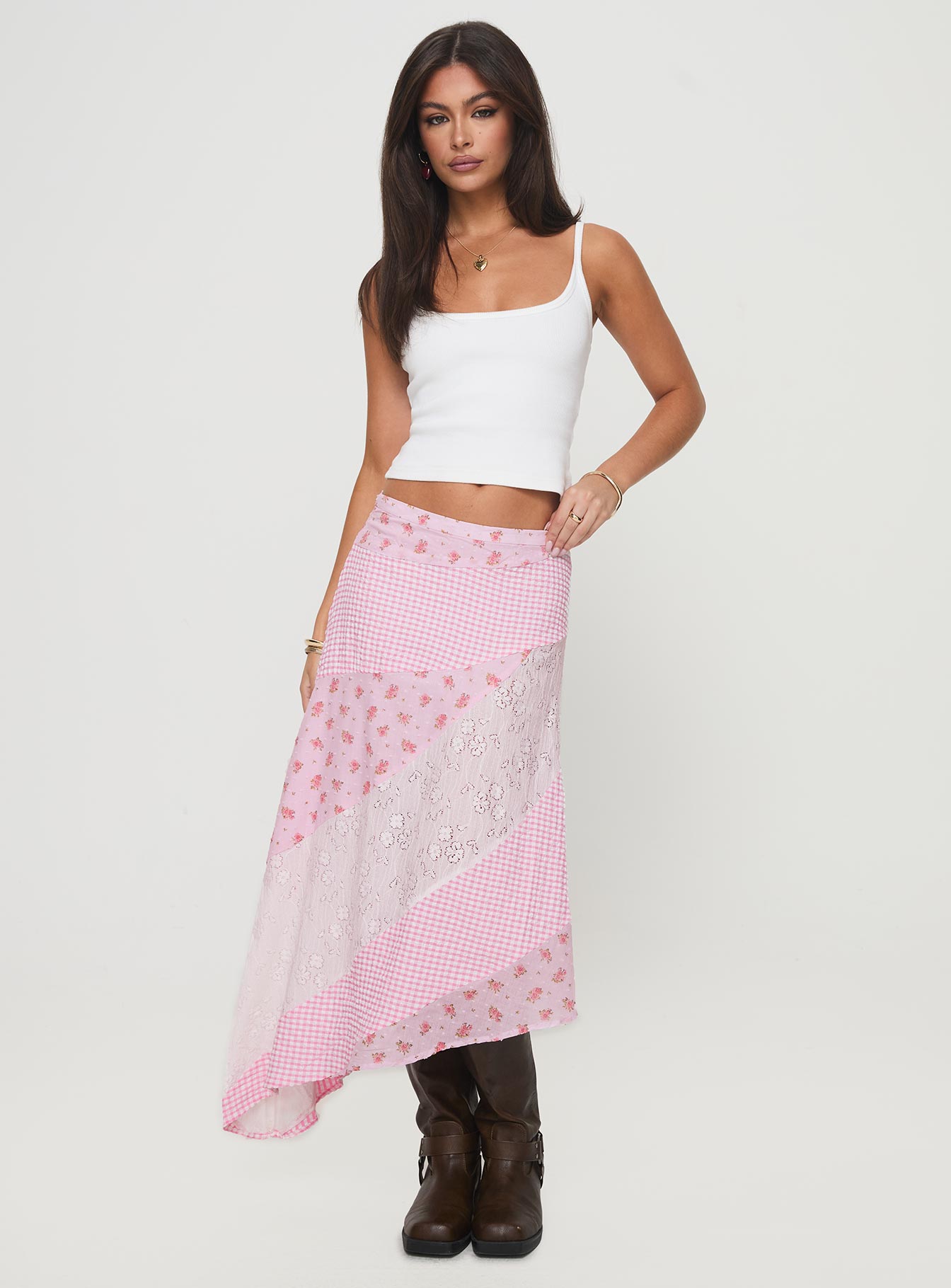   front view of model wearing Princess Polly Rennar Maxi Skirt Multi Maxi 