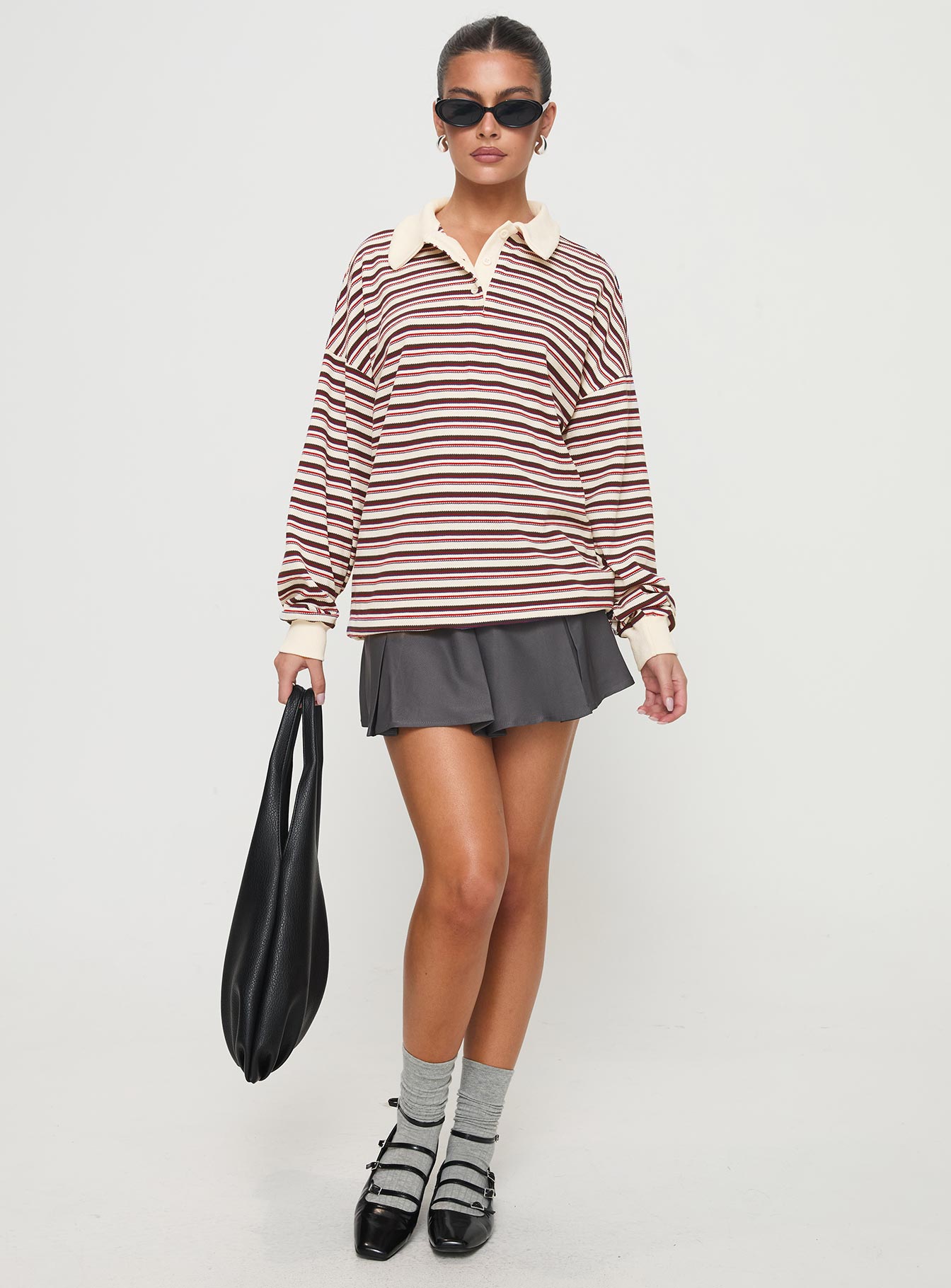 front view of model wearing Princess Polly Rierie Rugby Jersey Porcelain Multi Long 