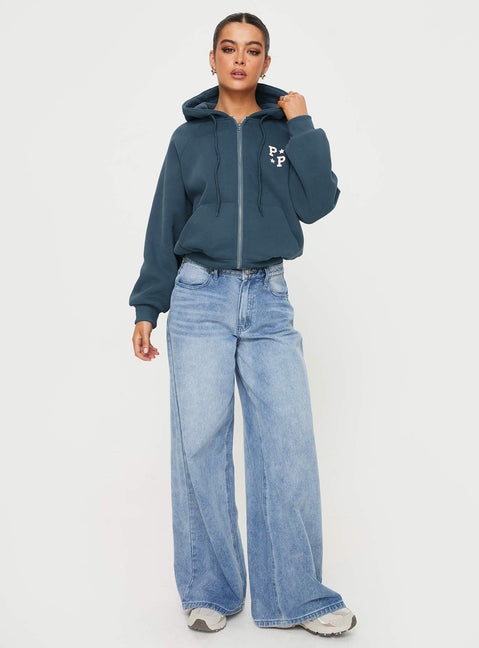 Princess Polly Zip Up Hooded Sweatshirt Navy/Red Princess Polly  Cropped 