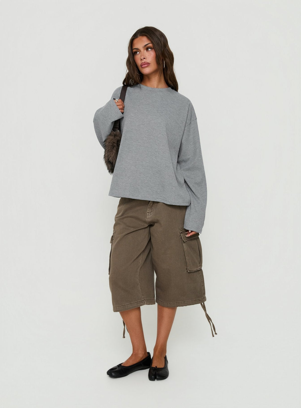 Arlla Waffle Jersey Long Sleeve Top Grey