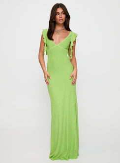 front view of model wearing Princess Polly Soleila Maxi Dress Green Tonal Plunger 