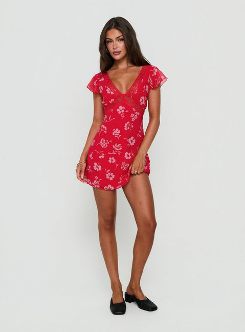 Arvexa Lace Trim Mini Dress Red Floral