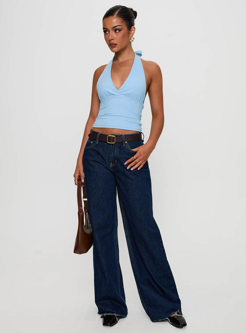 front view of model wearing Princess Polly Whimsy Halter Top Blue Sleeveless Plunger 