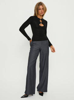 front view of model wearing Princess Polly Khane Low Rise Wide Leg Pant Charcoal Pinstripe Mid Rise Pants 