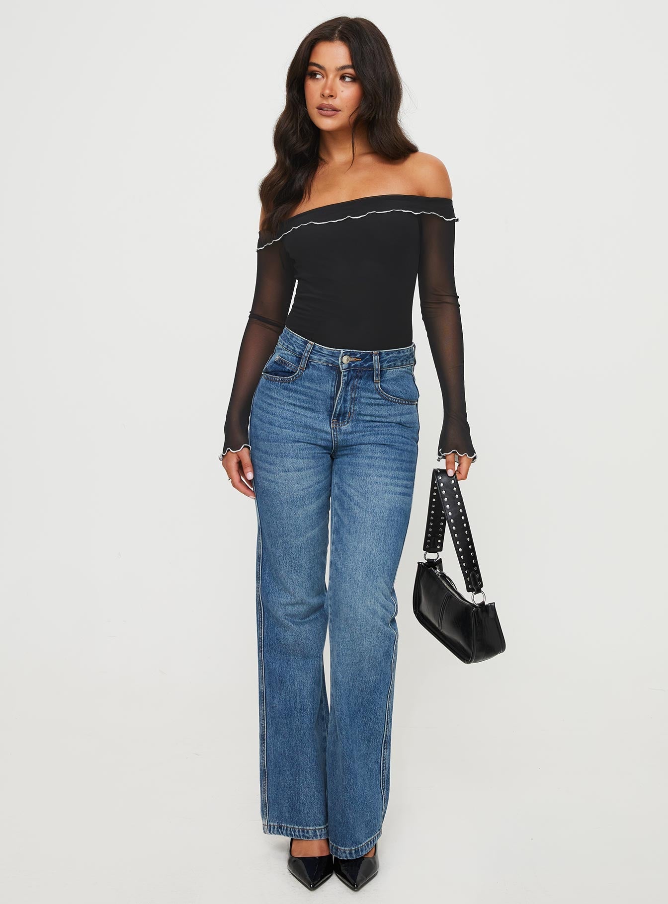 back view of model wearing Princess Polly Arsema Off The Shoulder Bodysuit Black Full Sleeves 