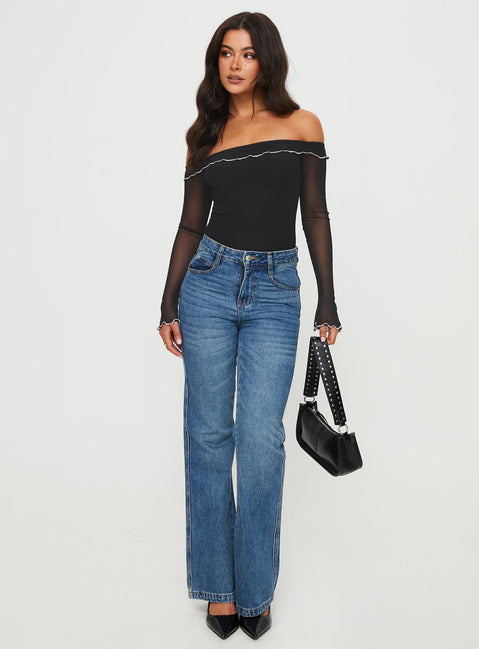 back view of model wearing Princess Polly Arsema Off The Shoulder Bodysuit Black Full Sleeves 