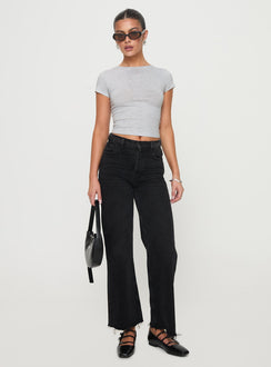 front view of model wearing Princess Polly Fawcett High Rise Straight Leg Jeans Washed Black High Rise Jeans 