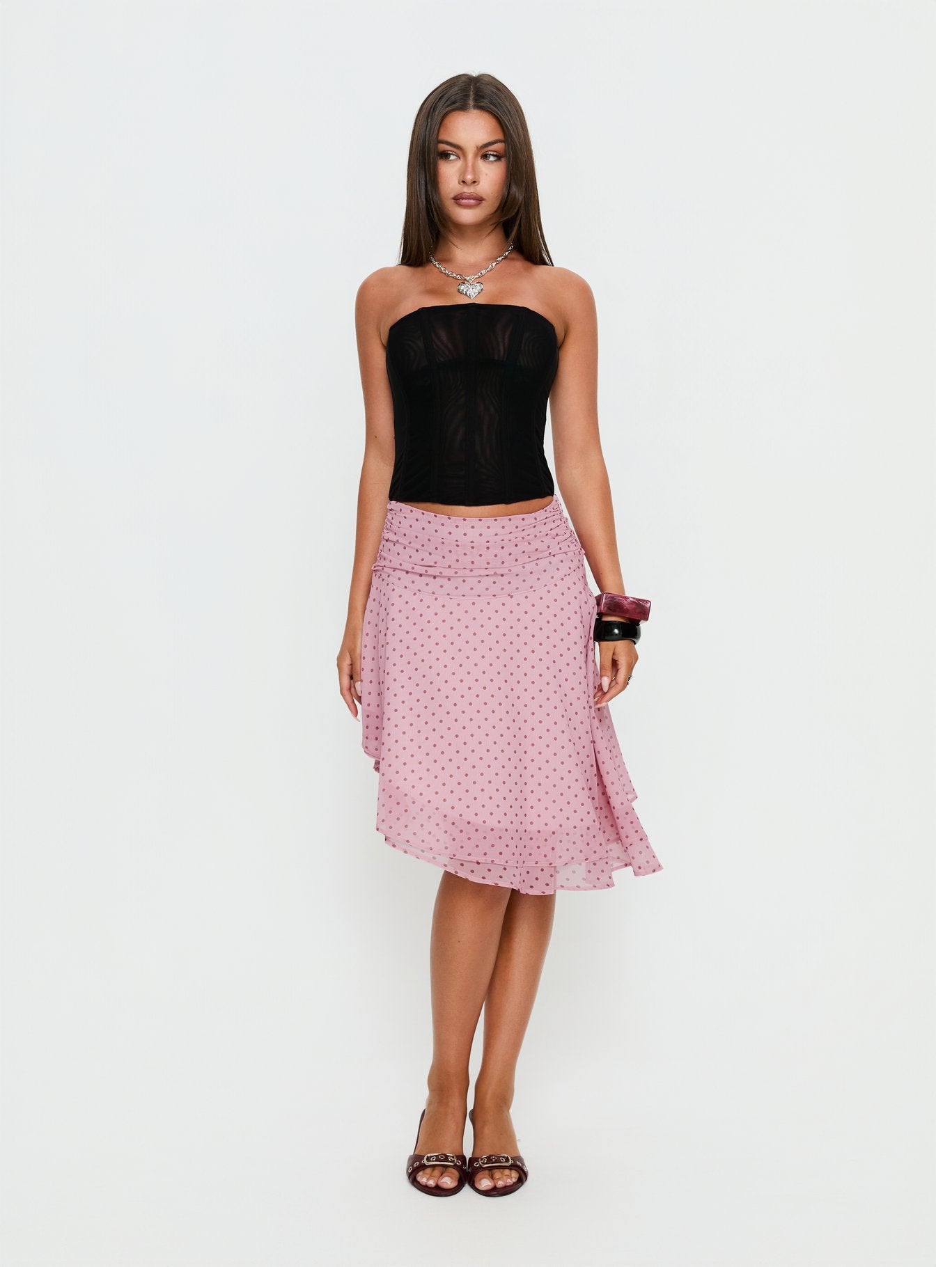 Evanescence Asymmetrical Midi Skirt Pink Polka Dot