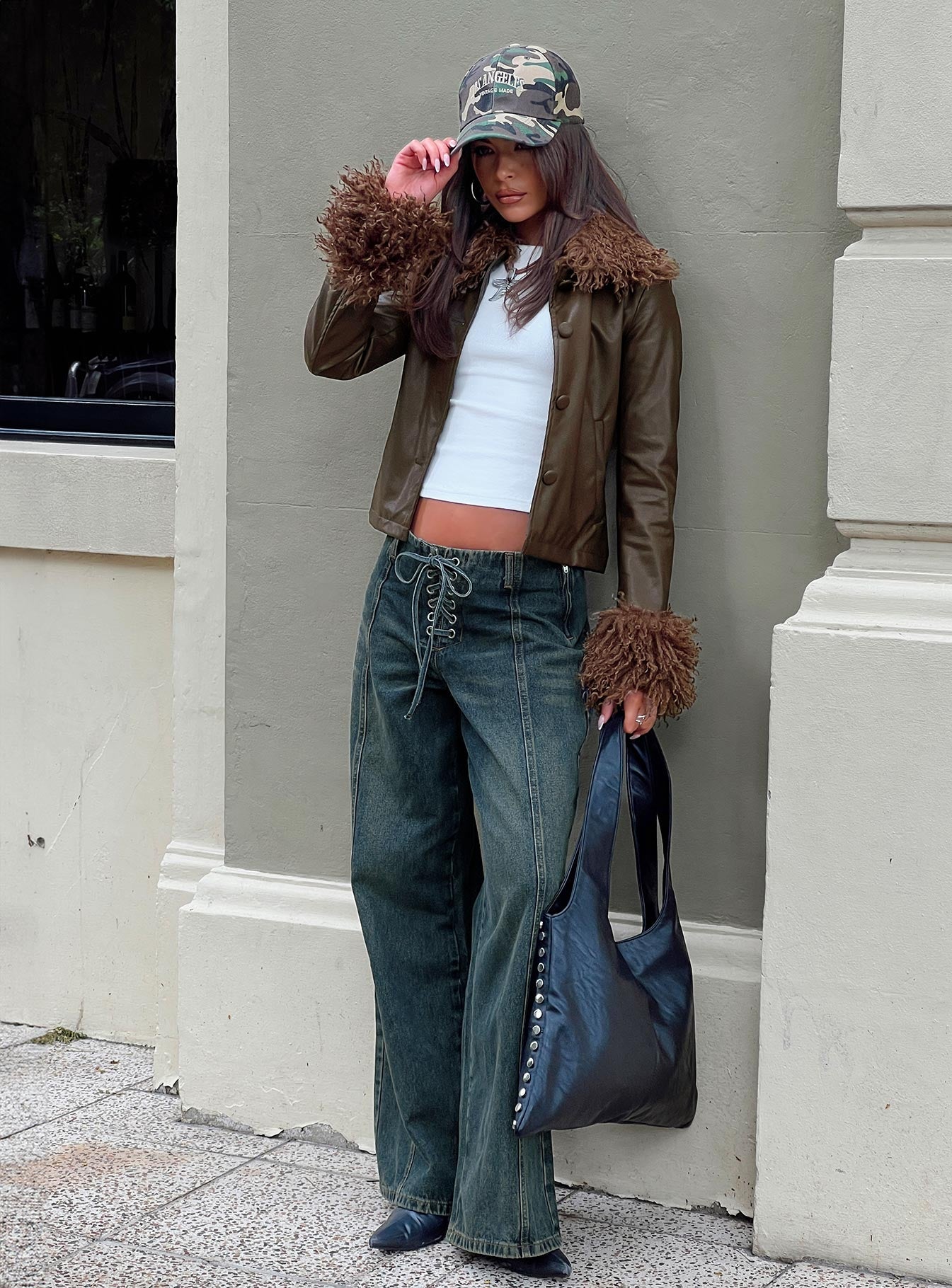 Cupid Clouds Faux Leather Jacket Brown