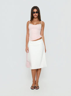 Showcasing the Such Delight Linen Midi Skirt in white for womens-skirts, designed with a fitted aline silhouette Princess Polly