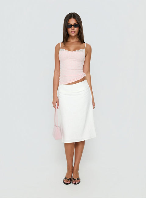 Showcasing the Such Delight Linen Midi Skirt in white for womens-skirts, designed with a fitted aline silhouette Princess Polly