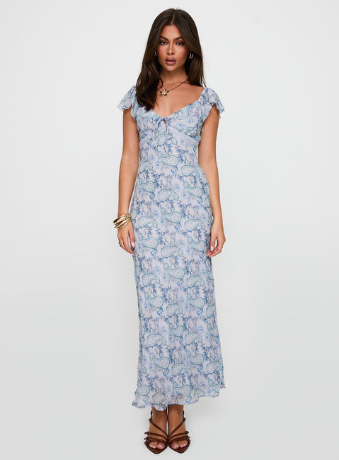 front view of model wearing Princess Polly Dahleia Maxi Dress Blue Paisley V-Neck 