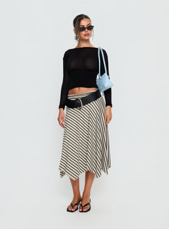   side view of model wearing Princess Polly Cobee Asymmetrical Midi Skirt Multi Stripe Midi Skirts 