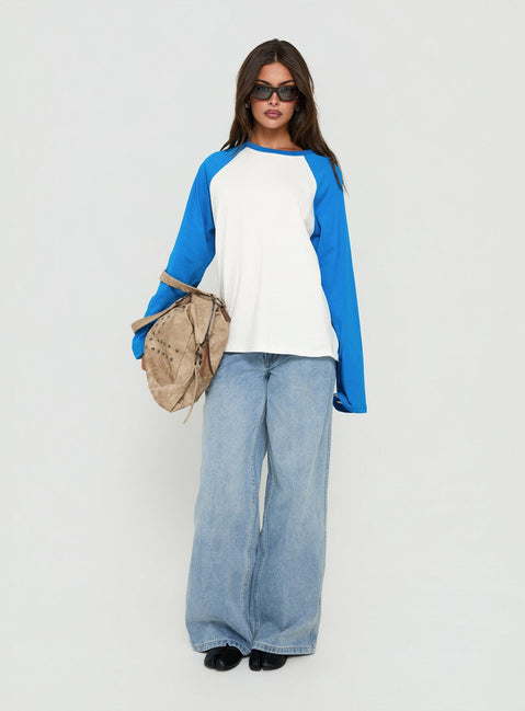 Settle Down Long Sleeve Raglan Top Blue / White